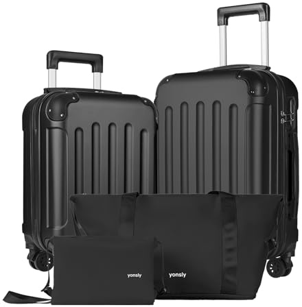 YONSLY Reisekoffer Set 4-teilig, Trolley Kofferset mit 1 Reisetasche, 1 Kulturbeutel, Rollkoffer Handgepäck mit 4 Rollen, Hartschalen, Größe M mit Zahlenschloss, Gummigriff (S, M, Schwarz)
