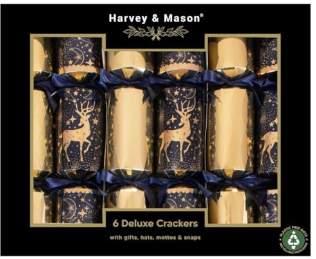 Harvey & Mason Pack of 6 Deluxe Navy Gold Reindeer Christmas Crackers - 13.5 Metallic Festive Xmas Holiday Dinner Table Decorations - Novelty Fun Prizes Gifts Contains Hats Jokes