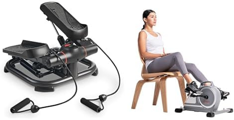 Sunny Health & Fitness Magnetic Under Desk Mini Exercise Cycle Bike, Dual Function Pedal Exerciser + 2-in-1 Premium Power Stepper W/ Resistance Bands, Low-Impact Cardio, Space-Saving, Adjustable