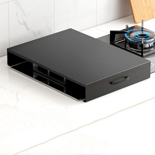 tapa encimera gas Placa protectora para cocina de gas de acero al carbono con asas, placa protectora para encimera con patas antideslizantes, tapas para quemadores(Black,40x48x9cm/15.7x18.9x3.5in)