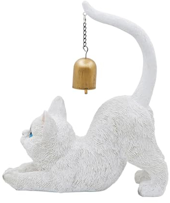 Sionhiuo Streckende Katze Skulptur,Harz Katzenfigur Mit Glocke Am Schwanz - Gartenskulptur eines Tiers,Für Garten Eingang Schreibtisch Wohnzimmer Balkon sowie Innen- und Außenbereich