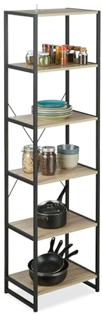 LOKLNEYK Standregal Industrial 6 Etagen, Bücherregal Metall mit Sonoma Eiche Ablagen, Aufbewahrungsregal für Wohnzimmer, Küche Büro Badezimmer, Modernes Regal Schwarz/Braun, Wandregal
