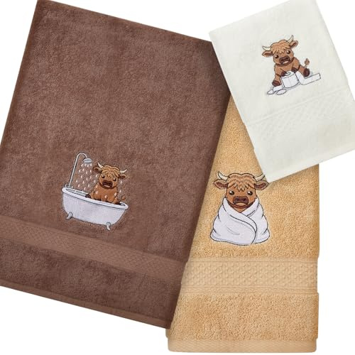 Peryiter 3 Pack Highland Cow Bath Towels Set -Cotton Cow Farmhouse Embroidery Hand & Facial Towels Wash Cloth for Bathroom Kitchen Decorations Country Accessories Housewarming Gifts