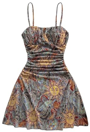 GORGLITTER Paisley Dresses for Women UK Vintage Graphic Ruched Bust Fit and Flare Going Out Mini Dress