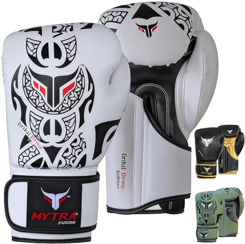 Mytra Fusion guantoni da boxe 10 oz 12 oz 14 oz 16 oz guantoni boxe per l'allenamento di pugni sparring Muay Thai guantoni Uomini e donne guanti boxe (12-oz, White/Black)
