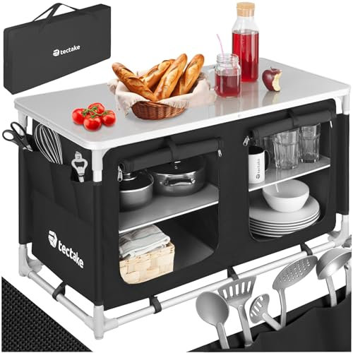 TecTake® Portable Camping Kitchen & Cupboard - 4 Shelves, 3 External Pockets, Worktop, & Zipped Doors - Shelving Unit & Outdoor Storage Cabinet - Compact, Lightweight & Includes Carry Bag - Black
