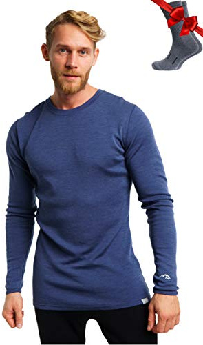 Merino.tech Chemise Homme Manches Longues 100% Merinos - sous Vetement Merinos Homme Lourd, Moyen, Léger avec Chaussettes (Large, 250 Windsor Blue)