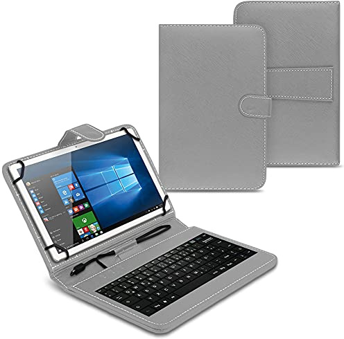 UC-Express Tasche kompatibel mit Telekom T Tablet Hülle Keyboard Case Tastatur QWERTZ Standfunktion USB Cover Case, Farben:Grau
