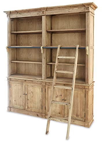 Loberon Schrank Livera, Landhauslook im französischen Stil, mit Leiter, natürlich schöne Maserung, Bücherschrank, Bibliotheksschrank, Kiefernholz, Eisen, antikbraun