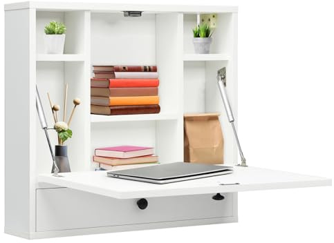 CASART Wall Mounted Computer Desk, 2-in-1 Drop-leaf Table Wall Cabinet with Storage Shelves & Drawer, Floating Laptop Desk Folding Table for Home Office Bedroom Kitchen (60x15x57cm, White) | with Storage Shelves & Drawer, Floating Laptop Desk Folding Table for Home Office Bedroom Kitchen (60x15x57cm, White)