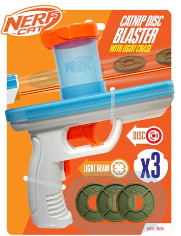 Nerf Cat Catnip Blaster with 3 Discs and Laser Pointer, 7.88-Inch Interactive Toy for Cats, White/Blue/Orange