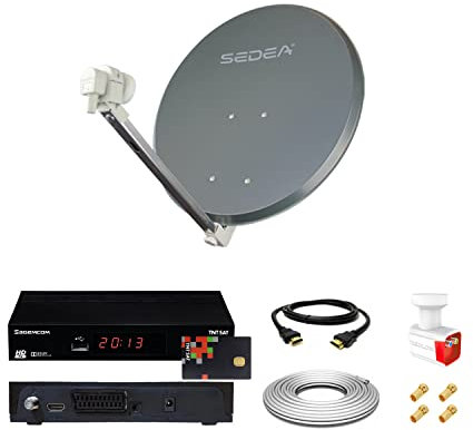Kit Antenne Parabole Acier 65 cm 36,5 DB Anthracite + LNB Twin 0,1 DB Full HD 4K Ultra HD + Décodeur DS81 HD TNTSAT + Câble coaxial 20m + Câble HDMI + 4 fiches F