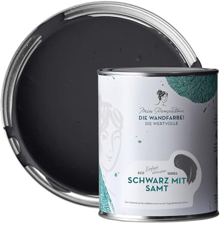 MissPompadour edelmatte Wandfarbe Schwarz mit Samt 1L - sehr hohe Deckkraft - geruchsneutrale, spritzfreie Farbe - atmungsaktive, wasserbasierte Innenfarbe/Deckenfarbe - Die Wertvolle
