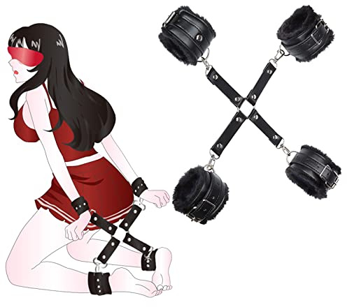 Limmion Bondageset Handgelenk-Fußfesseln Set Sex Bondage BDSM SM Leder Plüsch Set Handschellen Fußfesseln Fesselset Bett Sex Spielzeug Fetisch SM Erotik Sexspielzeug für Paare Frauen Anfänger Schwarz
