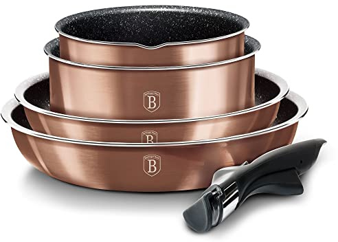 Berlinger Haus Rose Gold Batterie de Cuisine 9 Pièces Induction, Poignée Amovible Interchangeable, Antiadhésif sans PFOA, Ensemble de Casseroles et Poêles, Couvercles en Verre + Hermétique