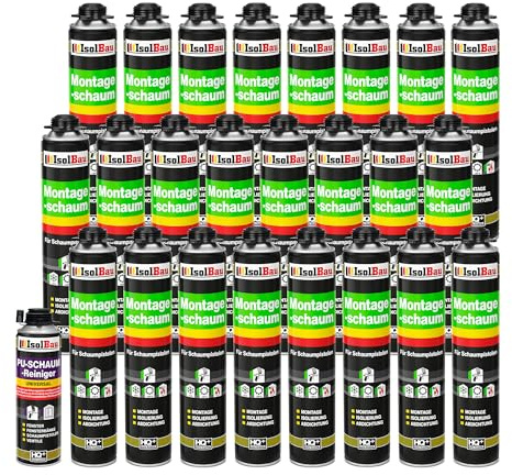 Isolbau Bauschaum-Set - Inkl. 24 x 1K Montageschaum B2 Pistolenschaum mit hervorragender Schall und Wärmedämmung (je 750 ml) & 1 x PU-Schaum-Reiniger (500 ml), Dämmen