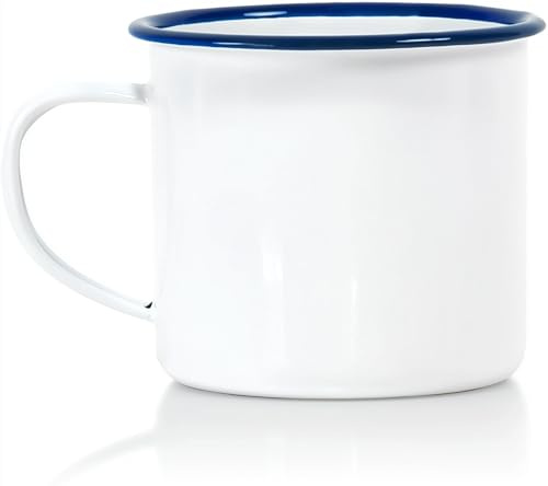 Red Co. Set of 6 Enamelware Metal Medium Classic 12 Oz Round Coffee and Tea Mug with Handle, Solid White/Navy Blue Rim