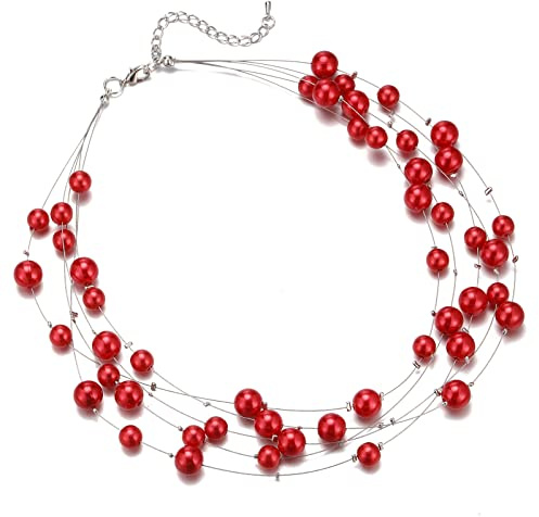 FULU AUTUMN Boho Perlenkette Damen Silber Statement Kette Mehrreihige Modeschmuck Geburtstagsgeschenk für Frauen