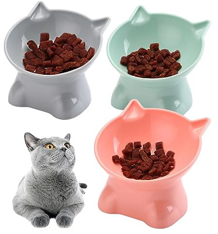 Qixuer Plastic Cat Bowl Set: 3 Tall High Bowls Protects Pet's Neck