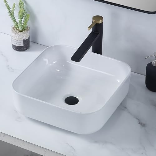 VAPSINT quadratisches Waschbecken, 38,1 x 38,1 cm, weißes Keramik-Porzellan-Gefäß, Waschtisch, kleines Waschbecken