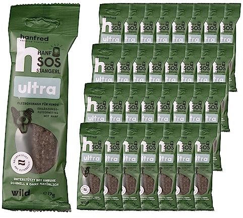 SOS Ultra Wild, enthalten Rotwildfleisch und Hanfpulver - Snack für Hunde, getreidefrei, bei Unruhe, gegen Stress, unterstützt die Verdauung und Gelenke, 32 x 17g