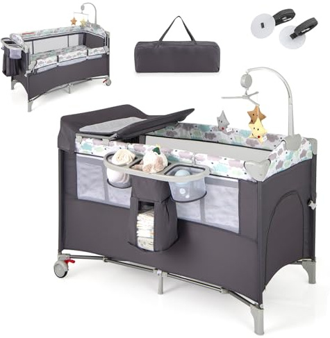 DREAMADE 120 x 60cm Beistellbett Baby mit Rollen, 4 in 1 Reisebett mit Matratze, Babybett Faltbar als Wickeltisch & Laufgitter, Kinderreisebett Baby ab Geburt (Grau)