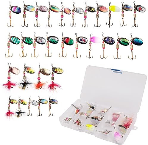 30 Stück Metall Angelköder Spinner Set, Harte Scheibe Löffel Köder mit Kasten, Blinker Wobbler Set Dreifach-Haken, Angeln Pailletten für Hecht,Zander,Barsch und Forelle