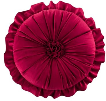 Fouriding Rundes Kissen, Samt, gerüscht, Blumenkissen, Bodenkissen, Heimdekoration, Kissen für Sofa, Stuhl, Bett, Wohnzimmer, 35 x 35 cm, Rot