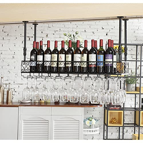 OHaGin Vintage-Weinregale, Bar-Einheit, Deckenaufhängung aus Metall und Eisen, mit Glas-Stielgläsern, Kelchregal, schwarz, schwebende Organizer-Regale für Küchenbar (Größe: 80 x 25 cm (32 x 10 Zoll