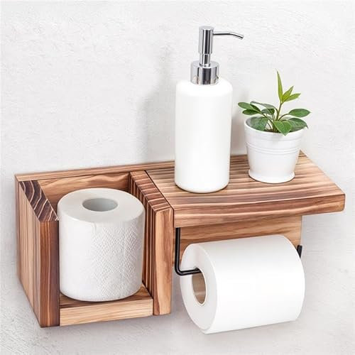 Belle Vous Wooden Toilet Paper Holder with Shelf - Wall-Mounted Rustic Toilet Roll Holder for Bathroom Decor and Accessories - Storage Display Shelf