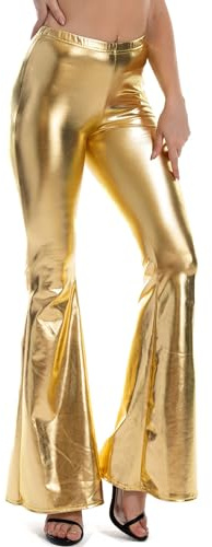 NewL Glänzende metallische Disco-Hose für Damen, elastischer Bund, Schlaghose, Schlaghose, 70er-Jahre-Motto-Party, Cosplay, Clubwear, Kostüme