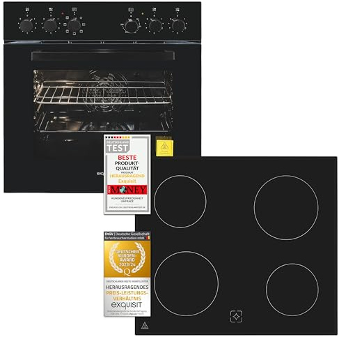 Exquisit Herd-Set EHE256-U-020-Set schwarz | EEK: A | 59,0 l Garraum | Glaskeramik Kochfeld | Herd-Set 60 cm