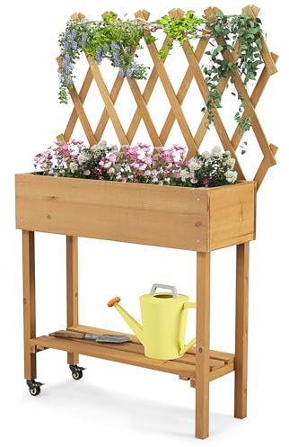 RELAX4LIFE Rollbares Hochbeet mit Rankgitter, Blumenkasten mit Ablage, Pflanzkübel mit Rollen, Pflanzkasten aus Massivholz, Kräuterbeet für Garten Terrasse Balkon, 90 x 29 x 129 cm, Natur