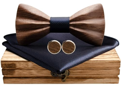 Mr.Van Holzfliege, Holz Fliege Herren 3D Natürliche Schwarze Walnuss Manschettenknöpfe Einstecktuch Set Bräutigam Trauzeuge Hochzeit Abschlussball mit Geschenkbox für Männer