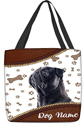 Tote Bag Paño De Perro Pug Negro Personalizado Bolsos De Hombro Plegable Bolsa Compra Durable Bolso De Lona Para Mujer Para El Trabajo, Compras, Viajes