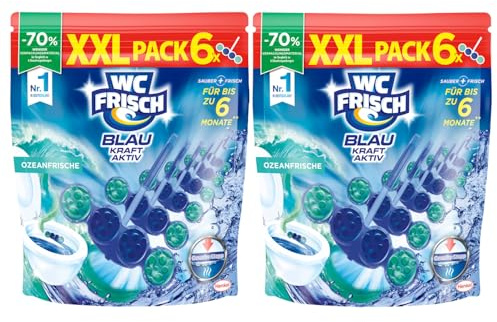 WC FRISCH Kraft Aktiv Blauspüler Ozeanfrische 2x(6x 50 g), WC Reiniger mit innovativer Geruchs-Stopp-Formel, Duftsteine für extra Frische und eine sichtbare Reinigung, 2er Pack