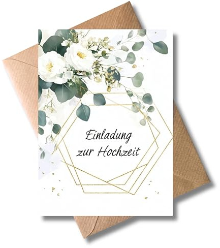 WBdesignz 10er Einladung Karte Hochzeit mit Umschlag - Einladungskarte zur Hochzeitsfeier Gold Eukaliptus Floral Pfingstrosen Schleierkraut Trauung Brautpaar Liebe Verlobung Hochzeitskarte (DIN A6)