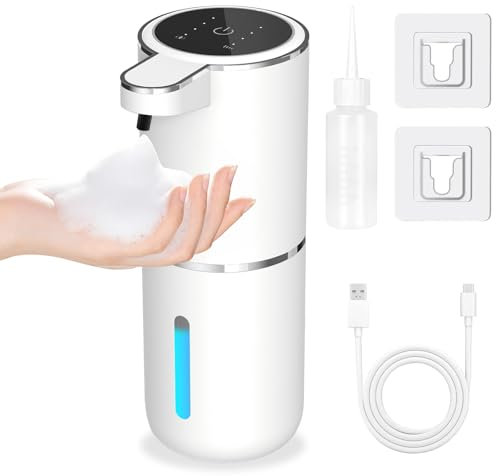 SaiXuan Distributeur de Savon Automatique, 380mL Montage Mural Électrique, Batterie Rechargeable USB, avec 4 Niveaux Réglables, Étanche IPX5 pour Salle de Bain, Cuisine et Bureau (Mousse)