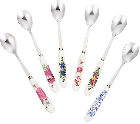 Ciieeo 6pcs Coffee Spoons and Ice Cream Spoons Set 15.5x2.5cm Stainless Steel Ceramic Handle Small for Coffee and Dessert