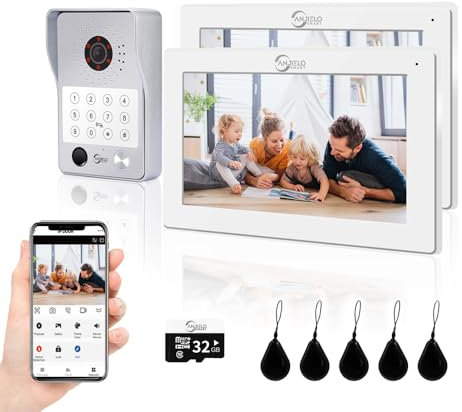 ANJIELO SMART Videocitofono a 4 fili (cablato), telecamera 1080p con display touchscreen da 7 pollici, supporto per impronte digitali, scheda IC e password di sblocco (bianco)