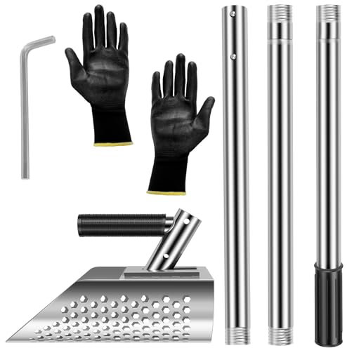 Beach Sand Scoop Metal Detecting Shovel with 53inch Long Handle Heavy Duty Stainless Steel Sand Sifter Shovel Detachable Handheld Metal Detector Scoop for Underwater Treasure Hunting (With Gloves)