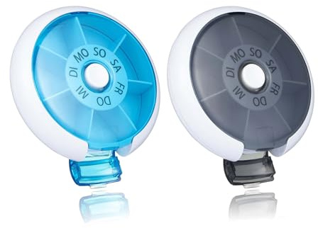 Kafeiya 2 Stück Deutsch Tablettenbox 7 Tage Klein,Rund Pillendose Medikamentenbox Klein Tablettenspender,Rotierende Pillendose,Aufbewahrung,Schwarz+Blau