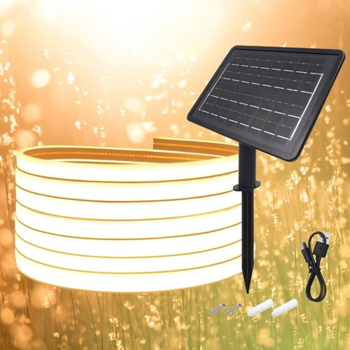 KISUFU Luces Exterior Solar 24V, Luminoso en ambos lados COB 320 Leds/m Neon Tira de Luz LED 8 Modos de Luz Luces Solares con 2400mah Panel Solar Para Jardines, Patio, Dormitorio, Decoración Party.