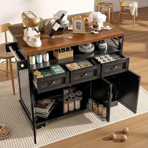 Wyibwy Isla de cocina, 118 × 43 – 80 × 98 cm, carro de comedor extraíble con almacenamiento y banco plegable, carro de comedor con toallero e ruedas, aparador de madera, armario de cocina, color negro