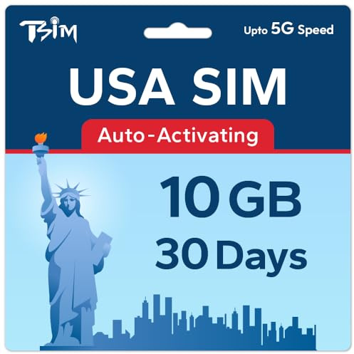 TSIM Carte SIM USA 30 Jours 10 Go | Réseau 5G Multi-opérateurs à Haute Couverture | Activation Automatique | Plan Rechargeable | Hotspot autorisé | Données Uniquement