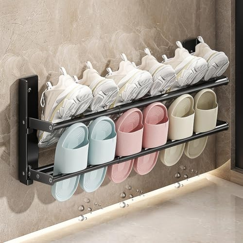 DongMaple Schuhregal Wand 2 Ebenen, 37-67cm Ausziehbar Schuhablage Schuhhalter Wand Metall Schuhregal Platzsparend,für 6 Paar Schuhe- Schuh Organizer für Wohnwagen,Badezimmer und Korridor, Schwarz