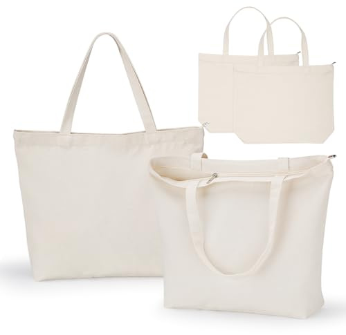 Einfa Bolsa Tela Cremallera - 2 Piezas Bolsos Tote de Lona Beige - 50×40×20cm XL Tote Bag con Cremallera - Bolso Shopper para Viajes Casuales Almacenamiento