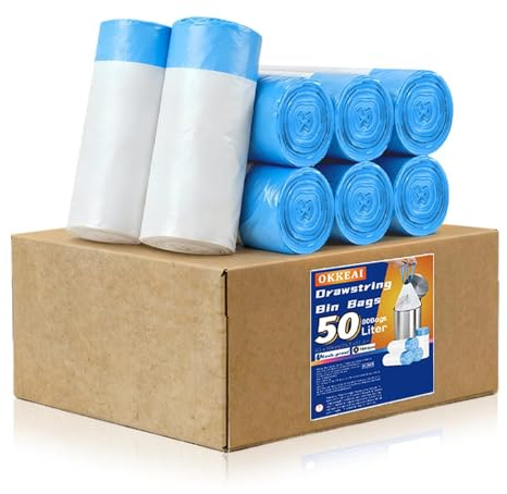 OKKEAI 50L Bin Bags White, Strong Kitchen Bin Liners, 80 Count | For Household Trash, Leak-Resistant Base, Tear-Resistant, Unscented, Easy Tie Handles
