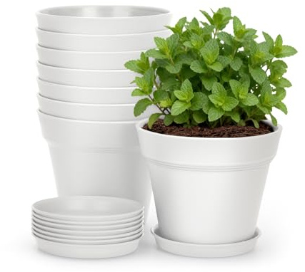 KINGLAKE 8 Pcs Small Plant Pots Indoor, 10cm White Plastic Plant Seedling Pots with Drainage Holes and Trays, Modern Decorative Flower Pot for Herb Succulents and Small House Plants Desk Windowsills
