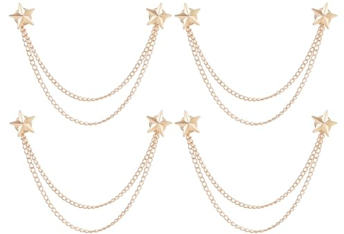 SUPERFINDINGS 4 Stück Lange Kette Brosche Silber/Gold Stern Quaste Reversnadel Herren Doppelstern Kette Legierung Anzugnadel Kragennadel Quasten Anzug Kragen Brosche für Damen Herren Anzüge Geschenke